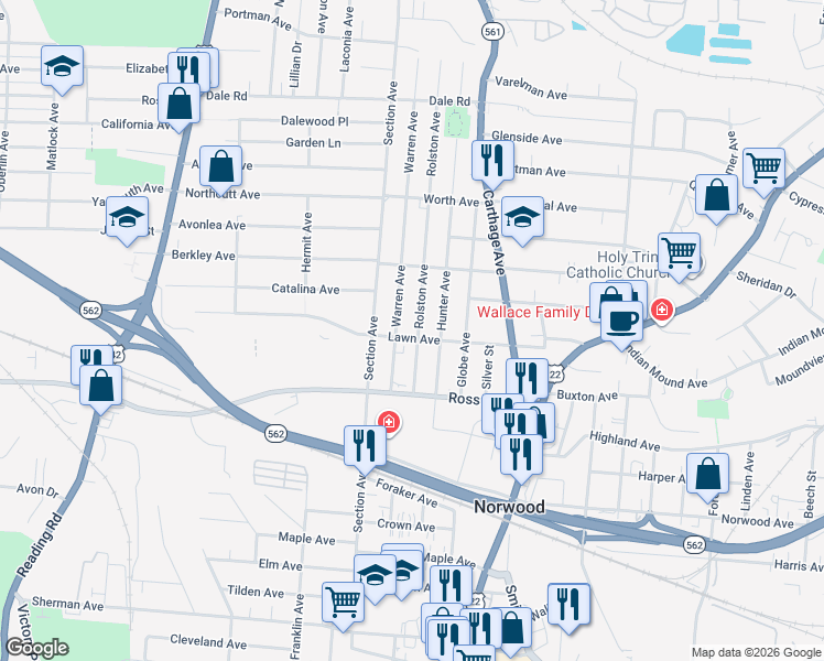 map of restaurants, bars, coffee shops, grocery stores, and more near 5142 Rolston Avenue in Cincinnati