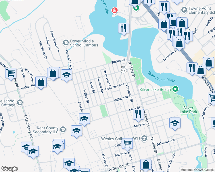 map of restaurants, bars, coffee shops, grocery stores, and more near 226 Columbia Avenue in Dover