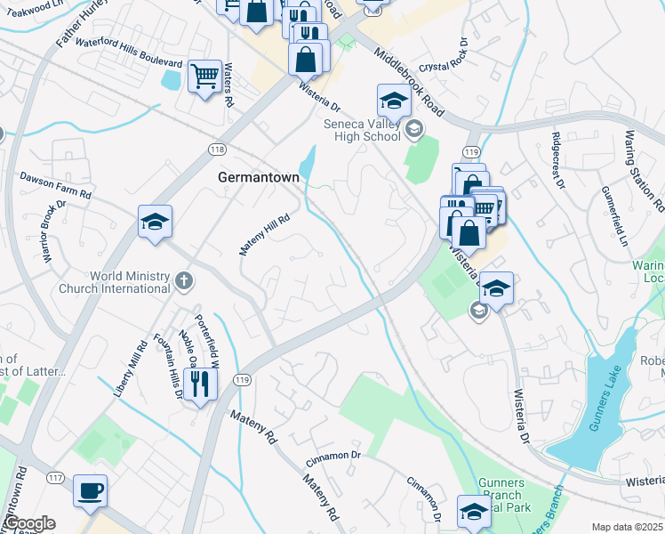 map of restaurants, bars, coffee shops, grocery stores, and more near 23 Grotto Court in Germantown