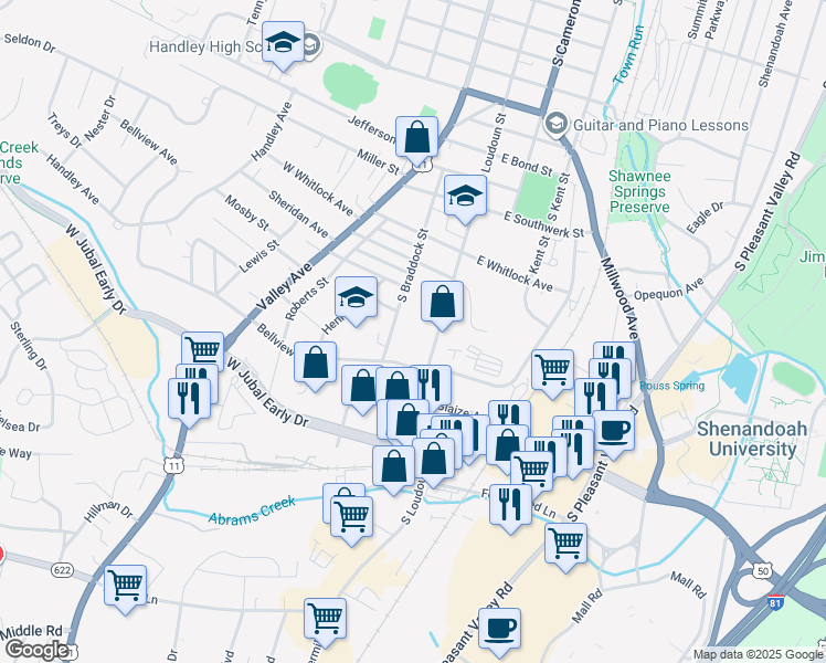 map of restaurants, bars, coffee shops, grocery stores, and more near 1640 South Braddock Street in Winchester