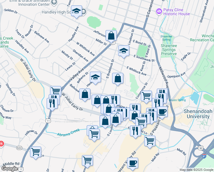 map of restaurants, bars, coffee shops, grocery stores, and more near 1640 South Braddock Street in Winchester