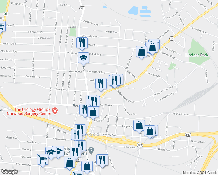 map of restaurants, bars, coffee shops, grocery stores, and more near 5159 Montgomery Road in Norwood