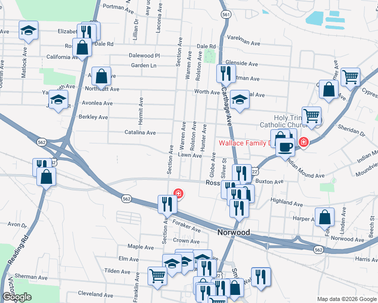 map of restaurants, bars, coffee shops, grocery stores, and more near 5142 Rolston Avenue in Cincinnati