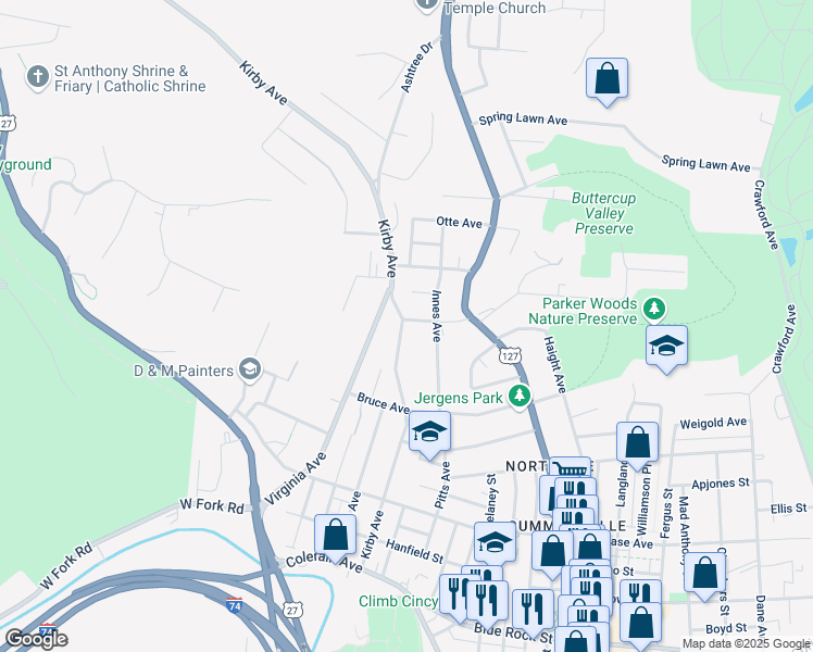 map of restaurants, bars, coffee shops, grocery stores, and more near 1711 Glen Parker Avenue in Cincinnati