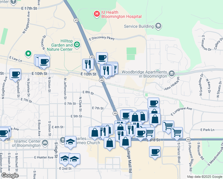 map of restaurants, bars, coffee shops, grocery stores, and more near 2553 Eastgate Lane in Bloomington