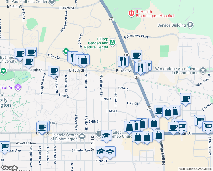 map of restaurants, bars, coffee shops, grocery stores, and more near 403 North Roosevelt Street in Bloomington