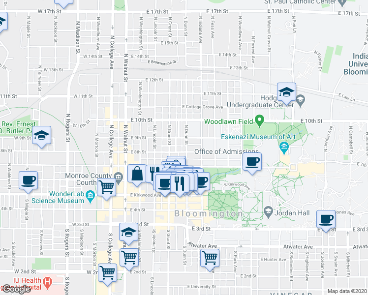 map of restaurants, bars, coffee shops, grocery stores, and more near 418 East 8th Street in Bloomington