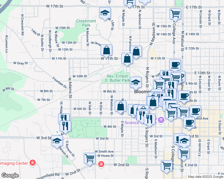 map of restaurants, bars, coffee shops, grocery stores, and more near 919 West 8th Street in Bloomington