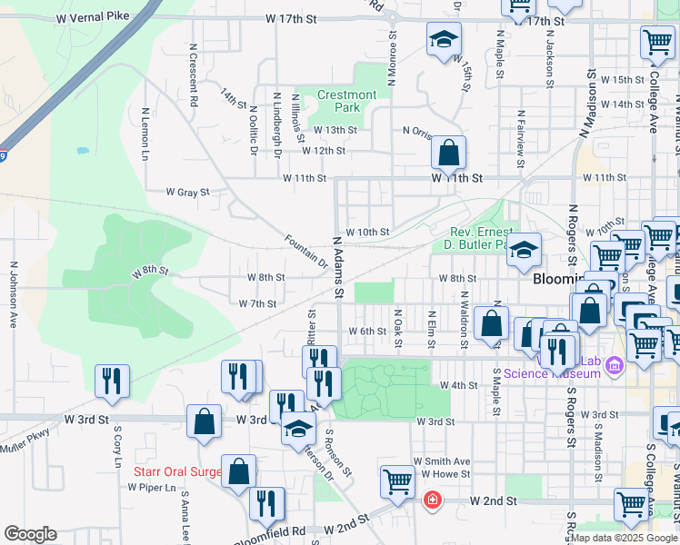 map of restaurants, bars, coffee shops, grocery stores, and more near 1301 West 8th Street in Bloomington