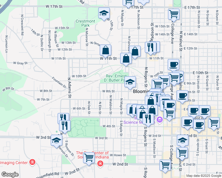 map of restaurants, bars, coffee shops, grocery stores, and more near 908 West 8th Street in Bloomington