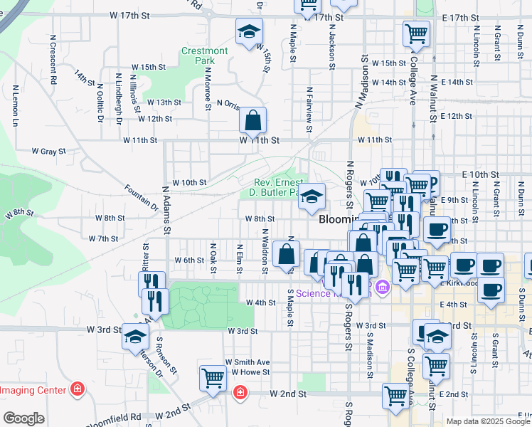 map of restaurants, bars, coffee shops, grocery stores, and more near 908 West 8th Street in Bloomington