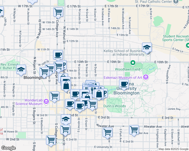 map of restaurants, bars, coffee shops, grocery stores, and more near 418 East 8th Street in Bloomington