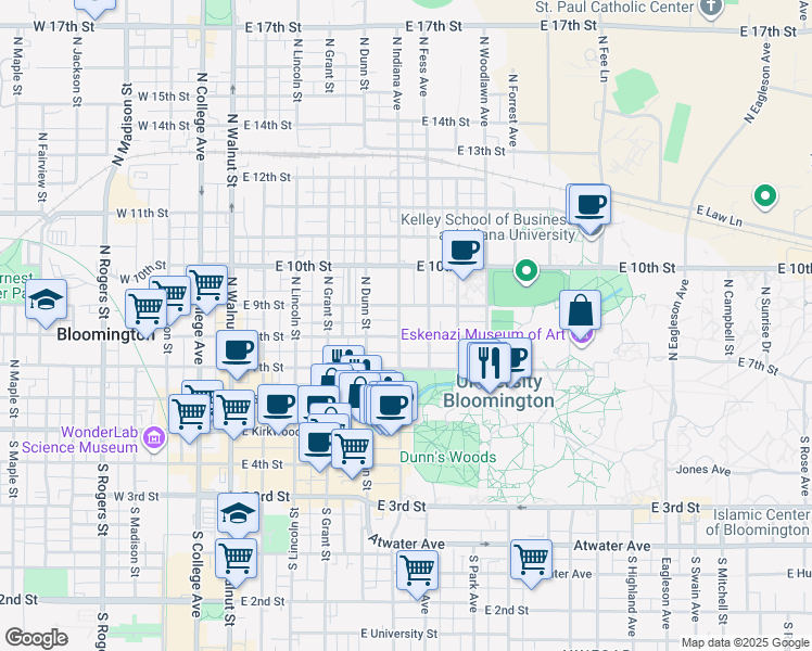 map of restaurants, bars, coffee shops, grocery stores, and more near 416 North Indiana Avenue in Bloomington