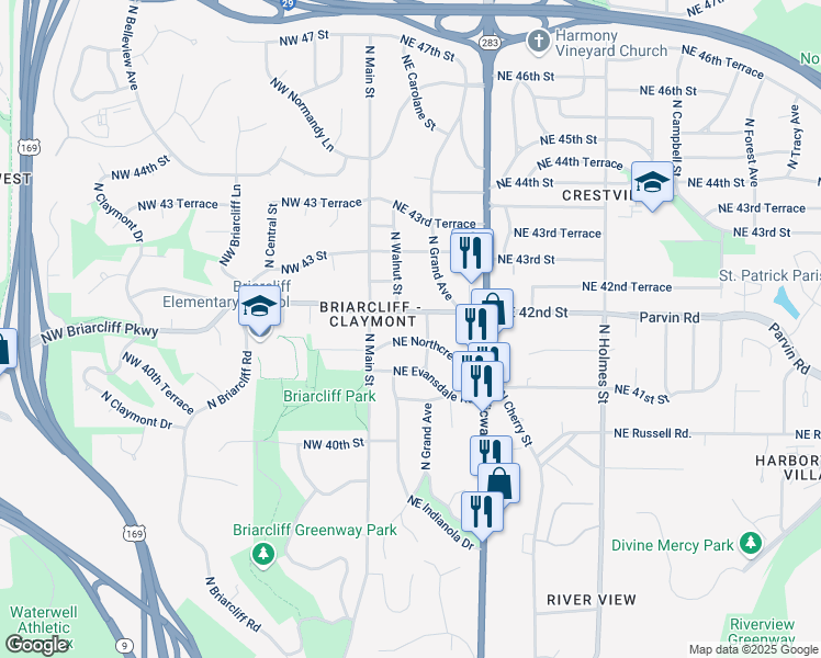 map of restaurants, bars, coffee shops, grocery stores, and more near 411 Northeast 43 Street in Kansas City
