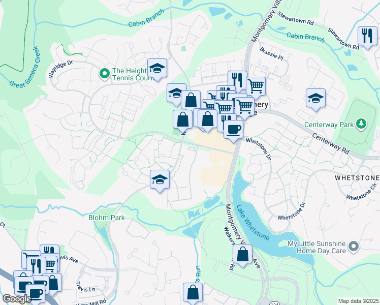 map of restaurants, bars, coffee shops, grocery stores, and more near 19106 Mills Choice Road in Montgomery Village