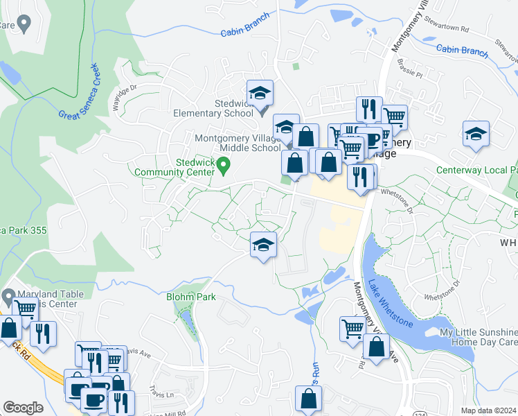 map of restaurants, bars, coffee shops, grocery stores, and more near 10211 Kindly Court in Gaithersburg