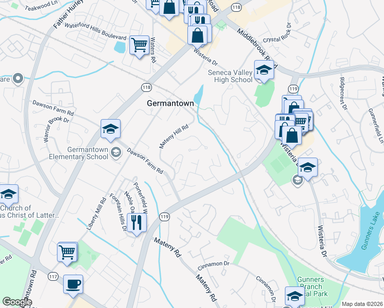 map of restaurants, bars, coffee shops, grocery stores, and more near 10 Summit Ridge Court in Germantown