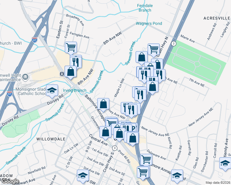 map of restaurants, bars, coffee shops, grocery stores, and more near 410 Maple Lane Northwest in Glen Burnie