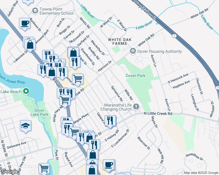map of restaurants, bars, coffee shops, grocery stores, and more near 128 Spruance Road in Dover