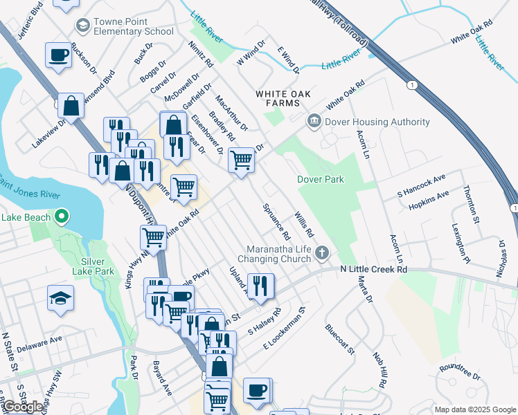 map of restaurants, bars, coffee shops, grocery stores, and more near 128 Spruance Road in Dover