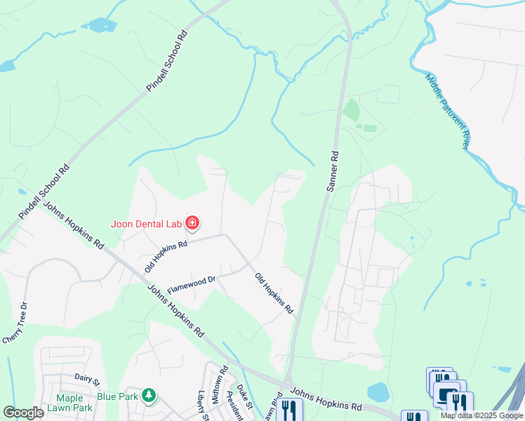 map of restaurants, bars, coffee shops, grocery stores, and more near 7374 Hallmark Road in Howard County