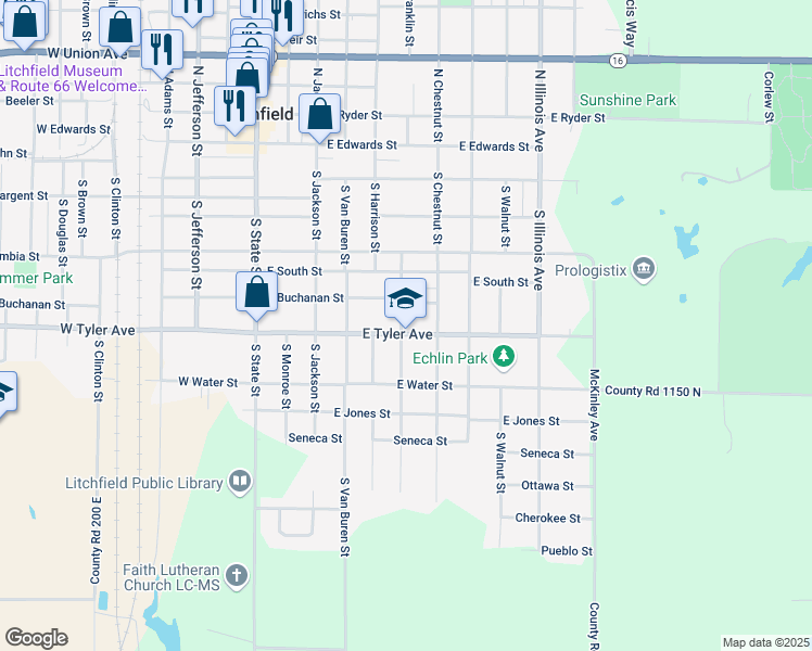 map of restaurants, bars, coffee shops, grocery stores, and more near 612 East Tyler Avenue in Litchfield