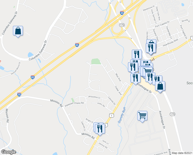 map of restaurants, bars, coffee shops, grocery stores, and more near 8324 Granville Road in Jessup