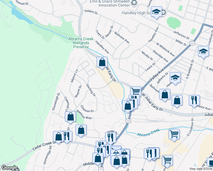 map of restaurants, bars, coffee shops, grocery stores, and more near 640 Pemberton Drive in Winchester