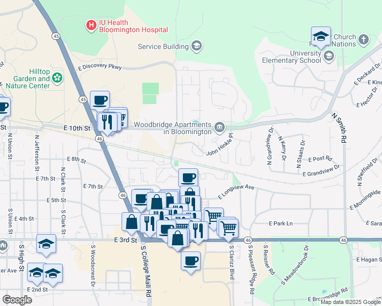 map of restaurants, bars, coffee shops, grocery stores, and more near 3210 John Hinkle Place in Bloomington