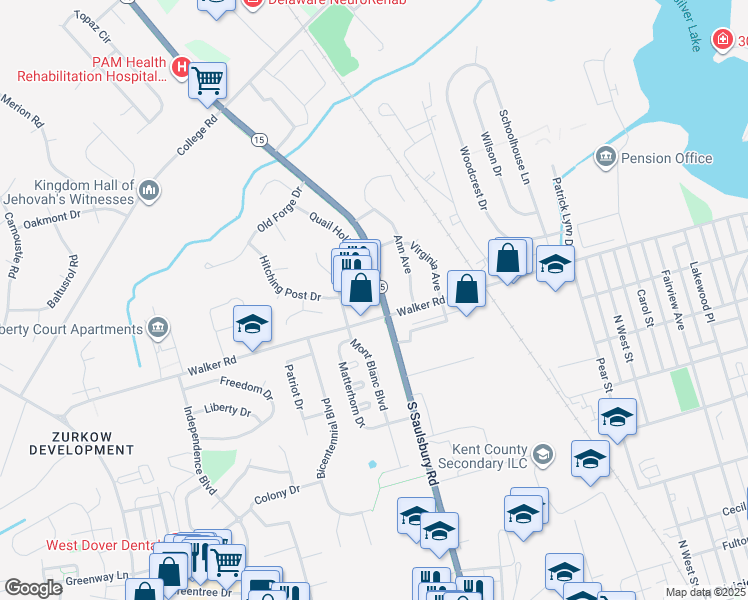 map of restaurants, bars, coffee shops, grocery stores, and more near 1043 Walker Road in Dover