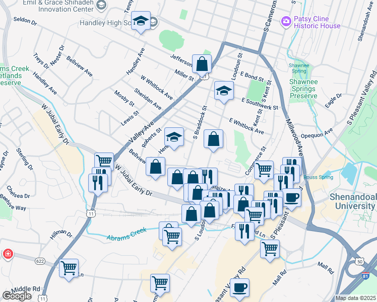 map of restaurants, bars, coffee shops, grocery stores, and more near 1640 South Braddock Street in Winchester