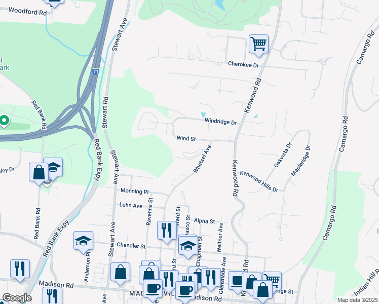 map of restaurants, bars, coffee shops, grocery stores, and more near 5957 Woodland Lane in Cincinnati