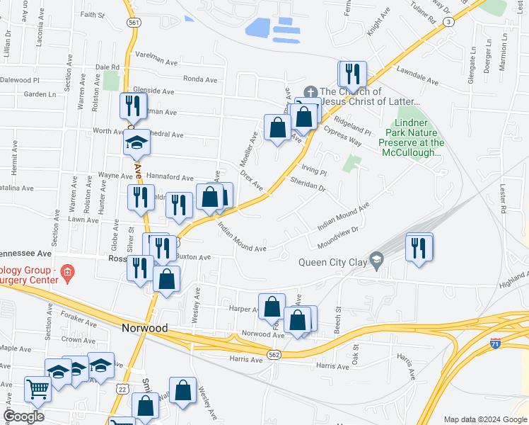 map of restaurants, bars, coffee shops, grocery stores, and more near 5308 Waltella Place in Cincinnati