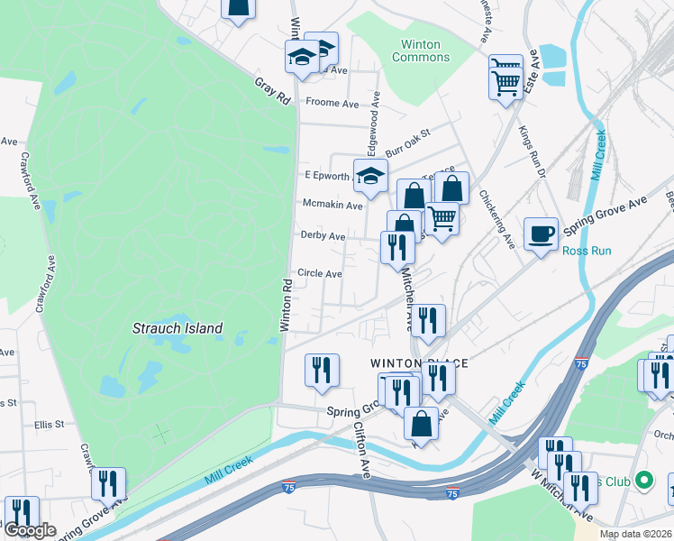 map of restaurants, bars, coffee shops, grocery stores, and more near 4459 Darrow Avenue in Cincinnati