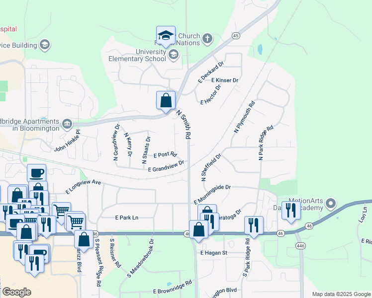map of restaurants, bars, coffee shops, grocery stores, and more near 510 North Smith Road in Bloomington