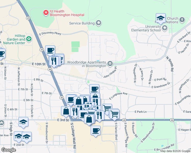 map of restaurants, bars, coffee shops, grocery stores, and more near 3210 John Hinkle Place in Bloomington