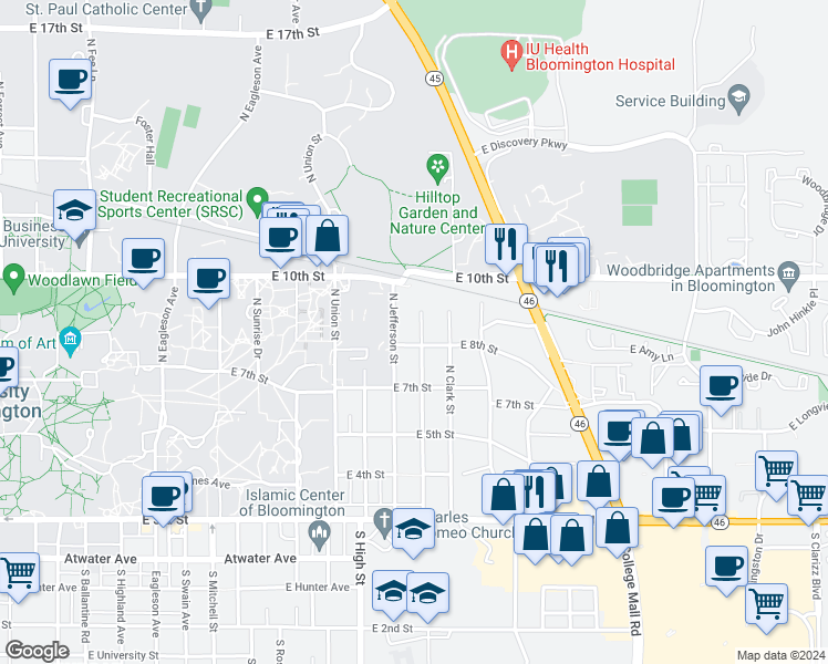 map of restaurants, bars, coffee shops, grocery stores, and more near 403 North Roosevelt Street in Bloomington