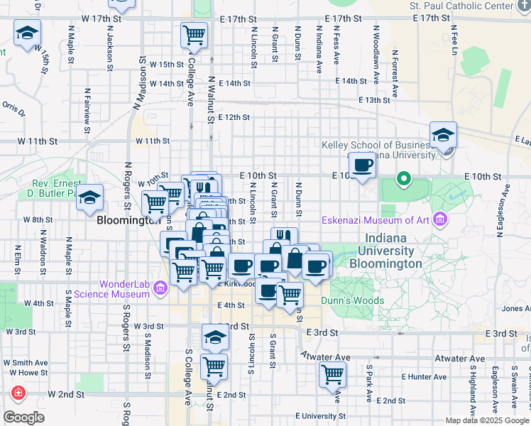 map of restaurants, bars, coffee shops, grocery stores, and more near 312 East 8th Street in Bloomington