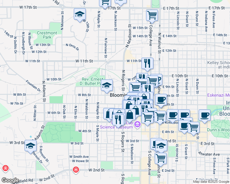 map of restaurants, bars, coffee shops, grocery stores, and more near 520 West 8th Street in Bloomington
