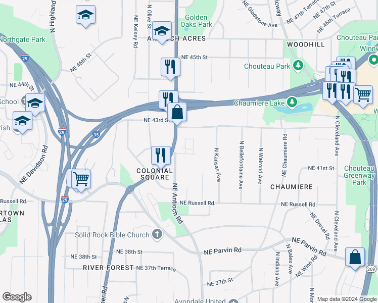 map of restaurants, bars, coffee shops, grocery stores, and more near 2600-2798,2601-2799 Northeast 42nd Street in Kansas City