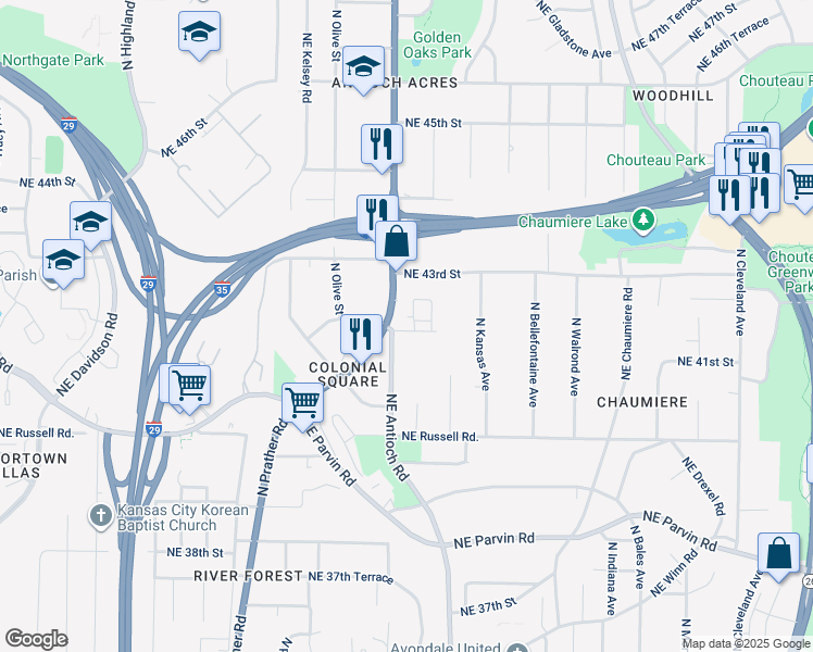 map of restaurants, bars, coffee shops, grocery stores, and more near 2600-2798,2601-2799 Northeast 42nd Street in Kansas City
