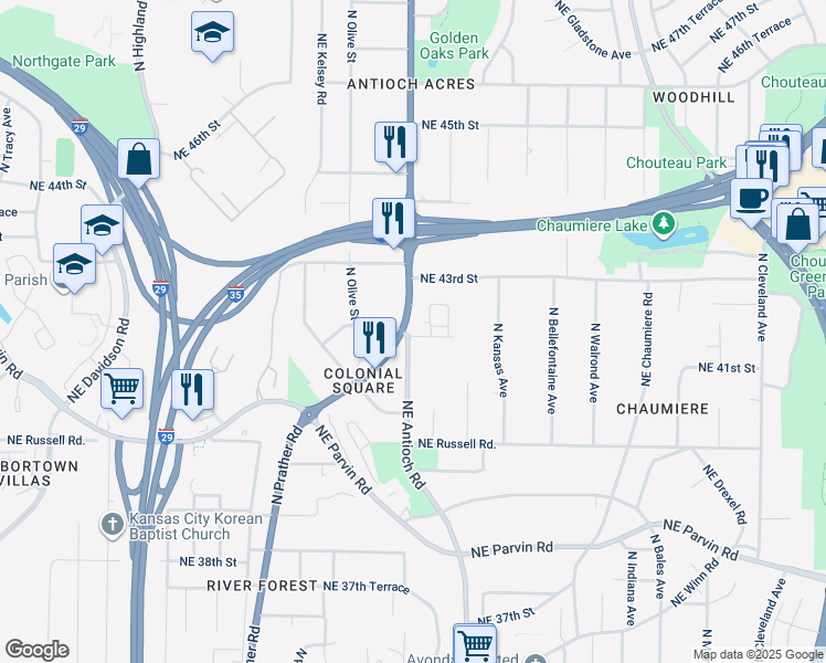map of restaurants, bars, coffee shops, grocery stores, and more near 4130 Northeast Antioch Road in Kansas City