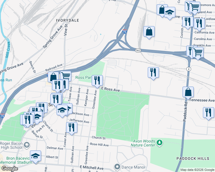 map of restaurants, bars, coffee shops, grocery stores, and more near 608 East Ross Avenue in Cincinnati