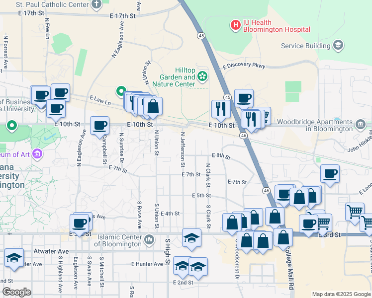 map of restaurants, bars, coffee shops, grocery stores, and more near 410 North Jefferson Street in Bloomington