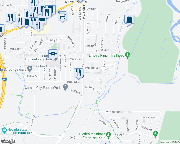 map of restaurants, bars, coffee shops, grocery stores, and more near 3958 Village Drive in Carson City