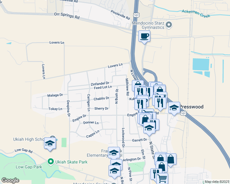 map of restaurants, bars, coffee shops, grocery stores, and more near 1562 North Bush Street in Ukiah
