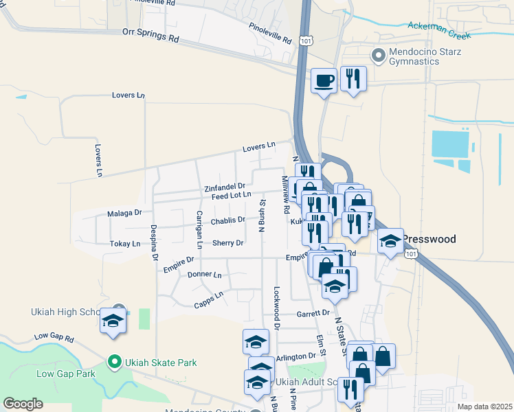 map of restaurants, bars, coffee shops, grocery stores, and more near 1560 North Bush Street in Ukiah