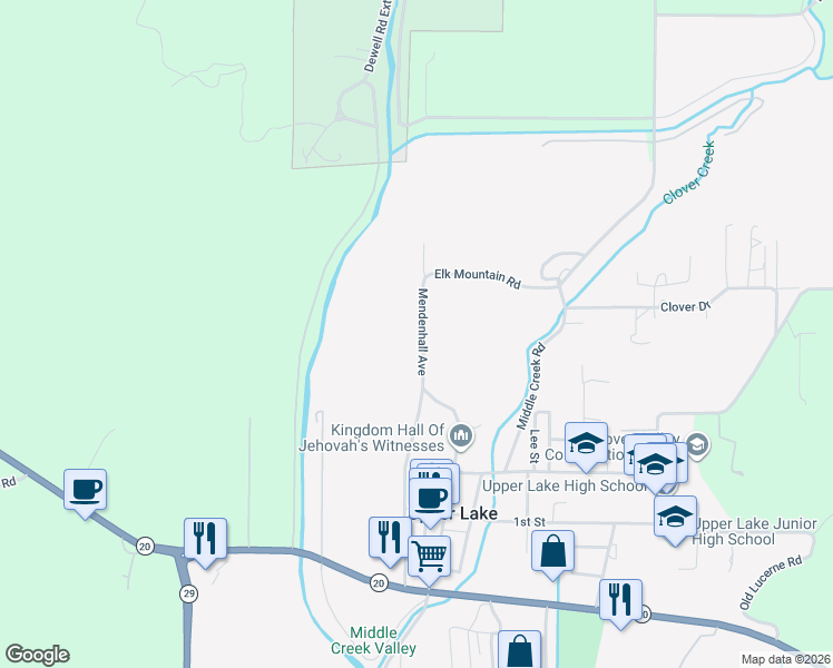 map of restaurants, bars, coffee shops, grocery stores, and more near 9895 Elk Mountain Road in Upper Lake