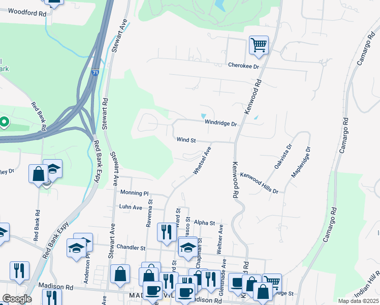 map of restaurants, bars, coffee shops, grocery stores, and more near 5918 Woodland Lane in Cincinnati