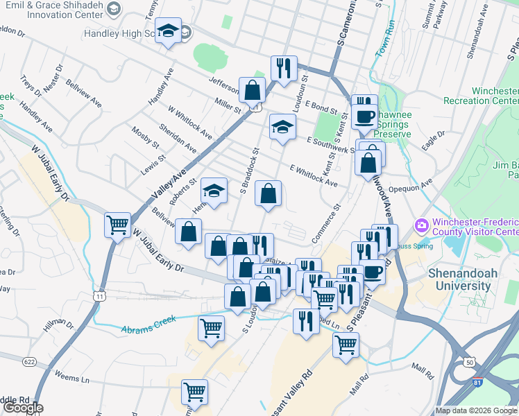 map of restaurants, bars, coffee shops, grocery stores, and more near 1620 South Loudoun Street in Winchester
